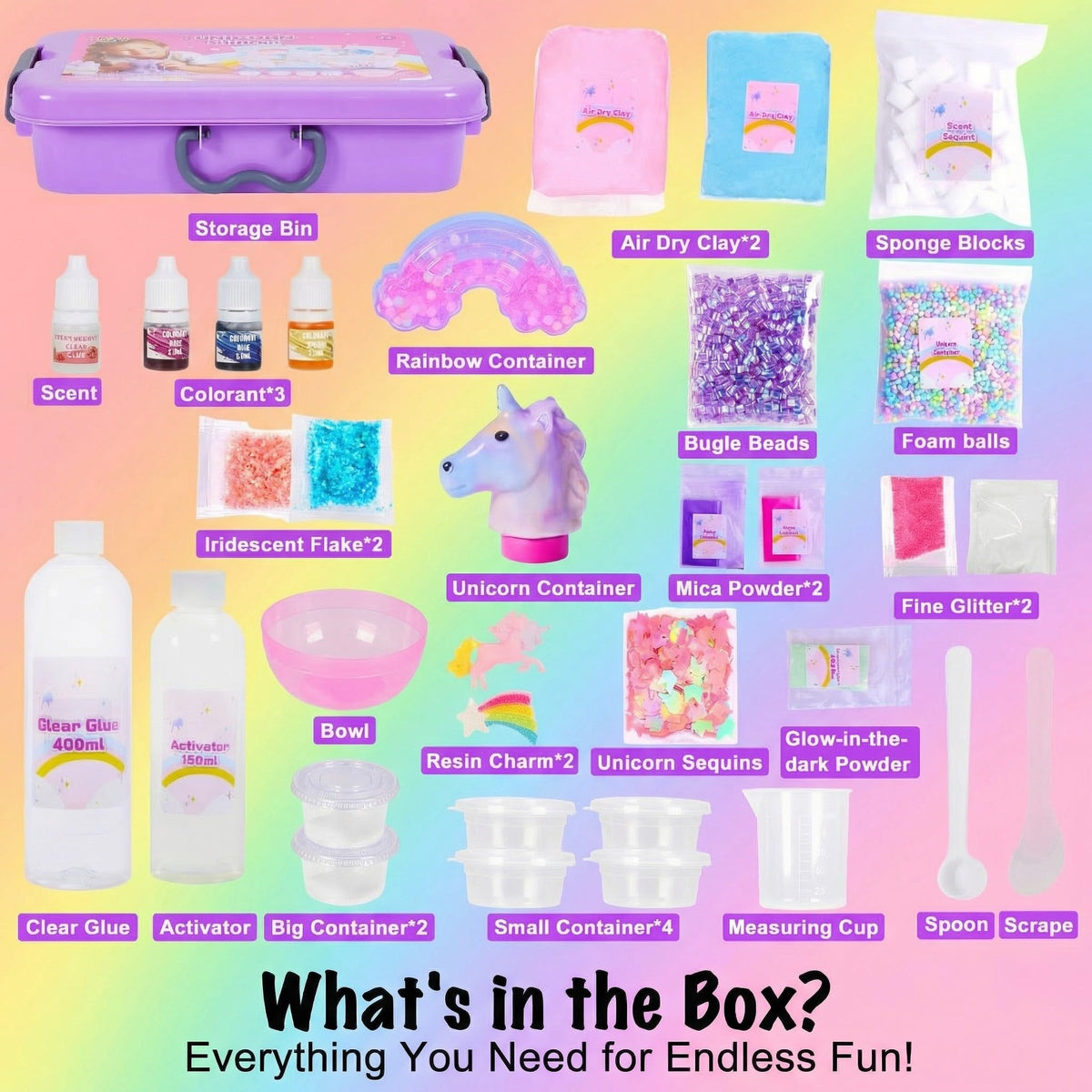 Ingredients layout for Carolart Unicorn Slime Kit with colorful jars.