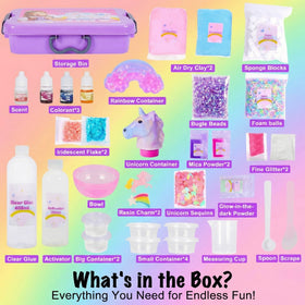 Ingredients layout for Carolart Unicorn Slime Kit with colorful jars.
