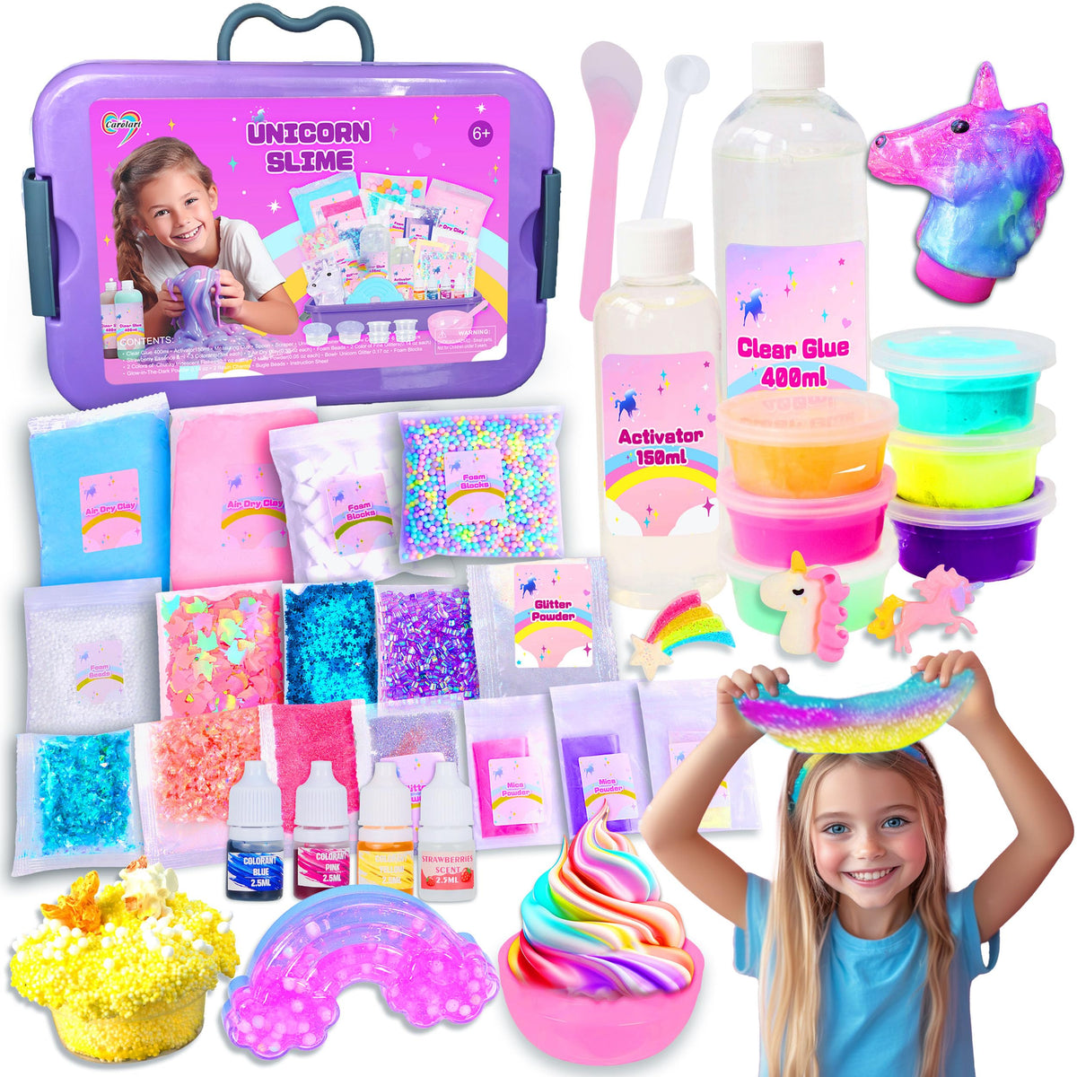 Carolart Unicorn Slime Kit packaging design showcases party-ready appeal.
