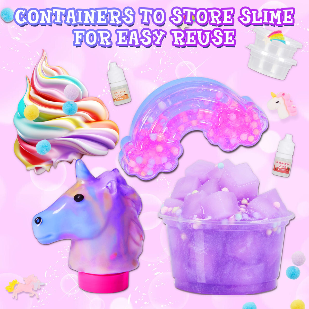 Scent options in bright bottles from Carolart Unicorn Slime Kit.