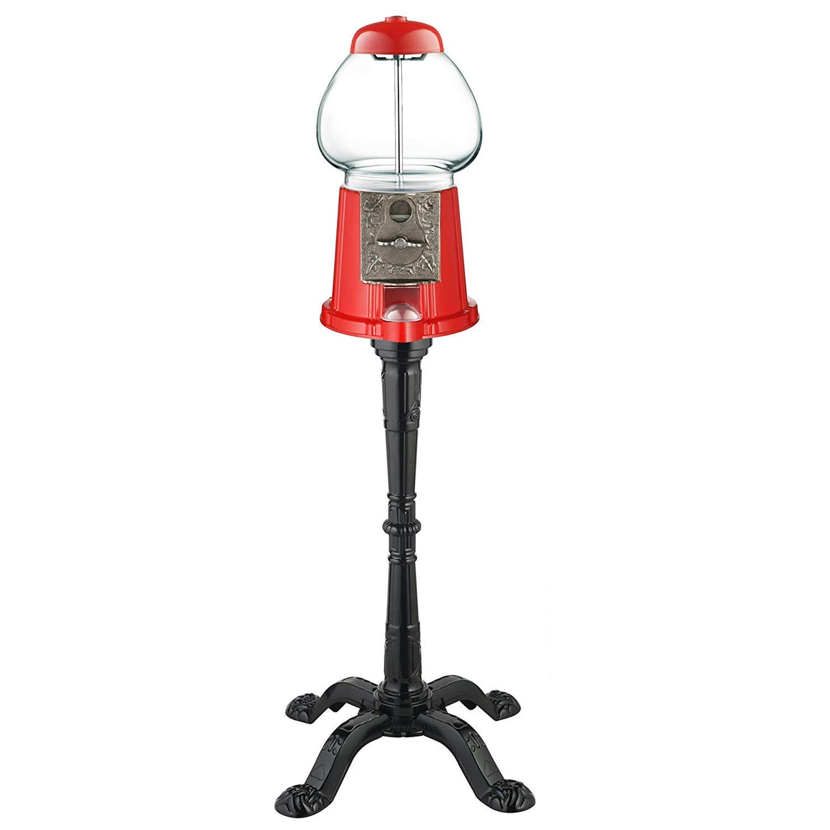 CAROUSEL large gumball bank with red body and stand for playful candy display.