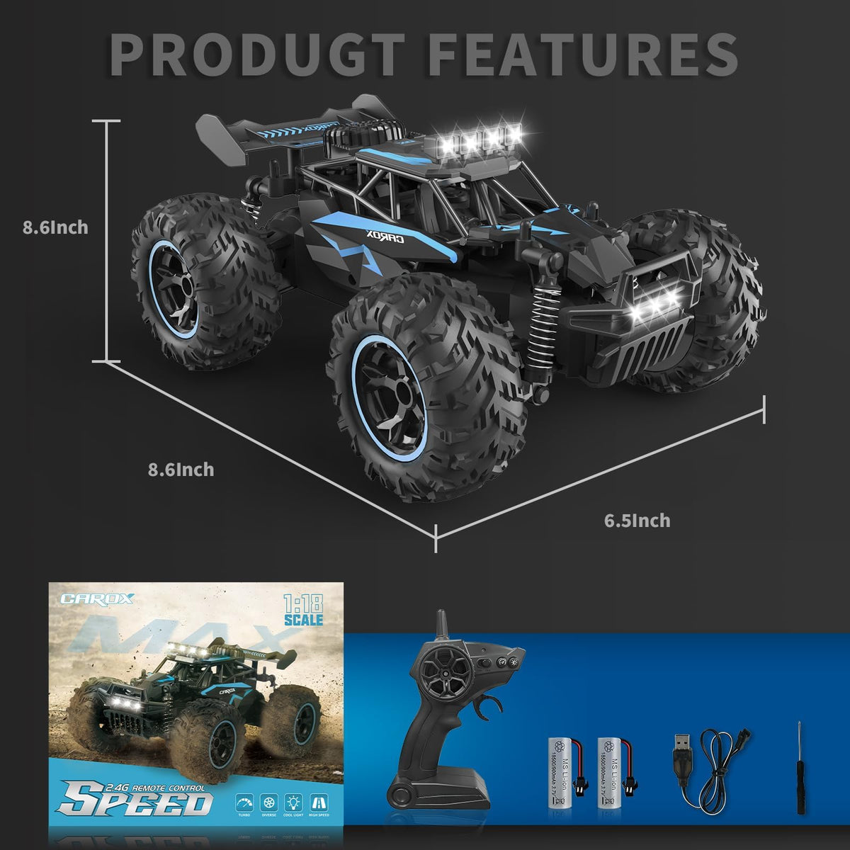 Carox RC car side profile in blue for rugged terrain adventures