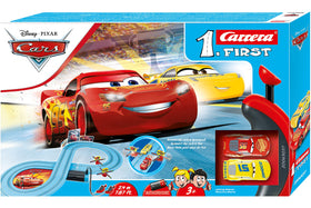 Dinoco Cruz racing through track flippers on Carrera First Disney Cars track