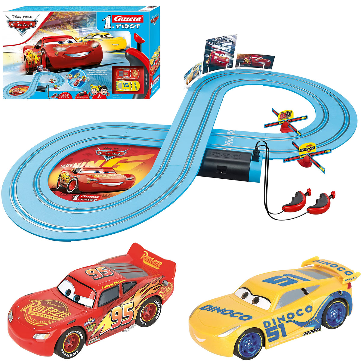 Carrera First Disney Cars track with Lightning McQueen on straightaway for beginner-friendly racing