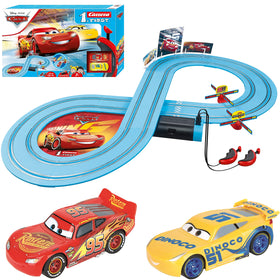 Carrera First Disney Cars track with Lightning McQueen on straightaway for beginner-friendly racing