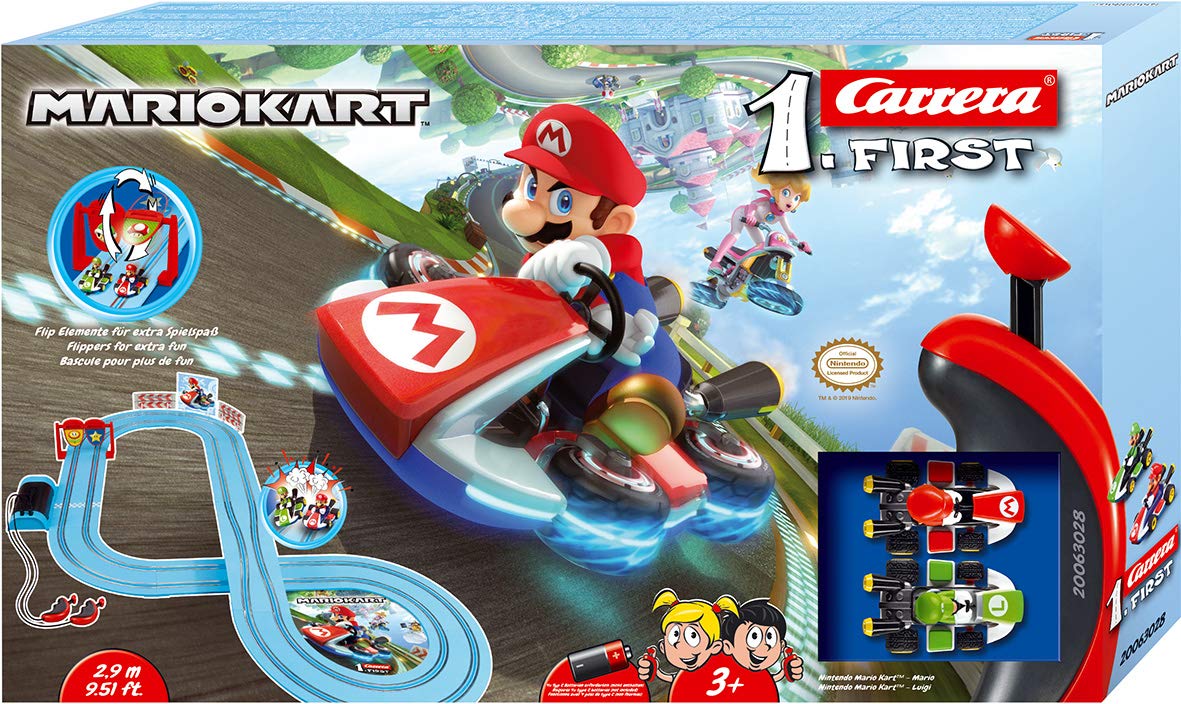 Carrera First Mario Kart track box contents showing cars and controllers