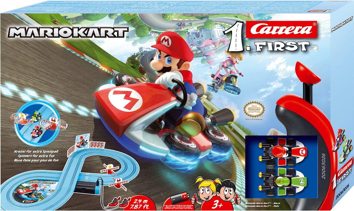 Mario car on Carrera track ready for a fast kid-friendly race.