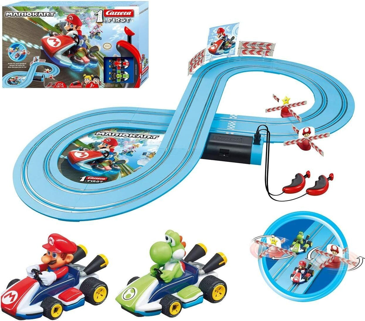 Carrera First Mario Kart track spinners boost excitement for young racers.