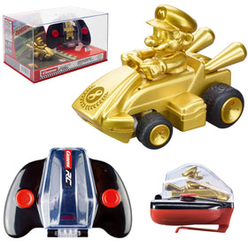 Carrera Mario Kart Gold Mario display case showing collectible RC car