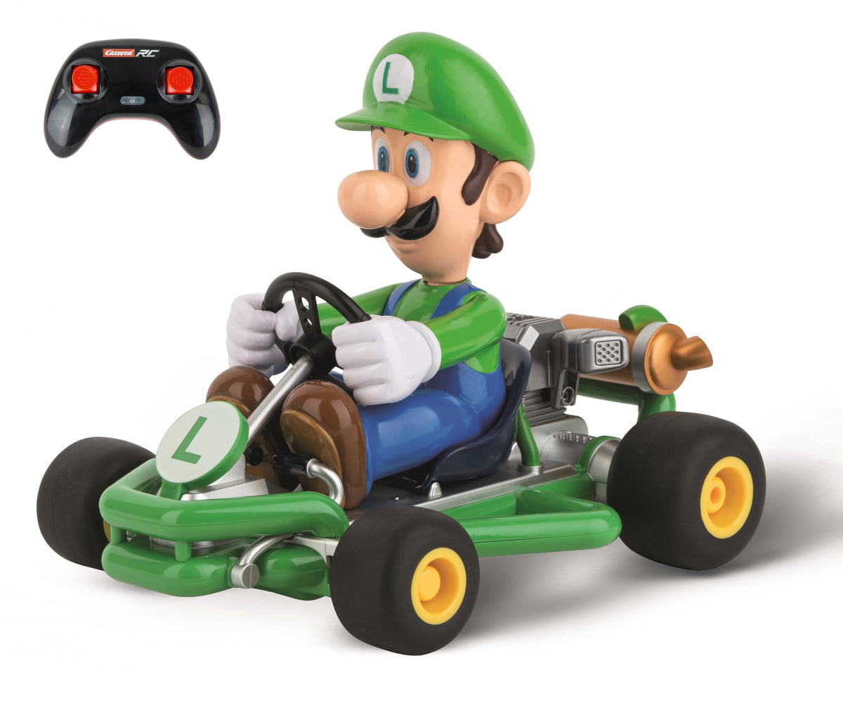Carrera Pipe Kart Luigi front view on track with authentic Mario Kart styling