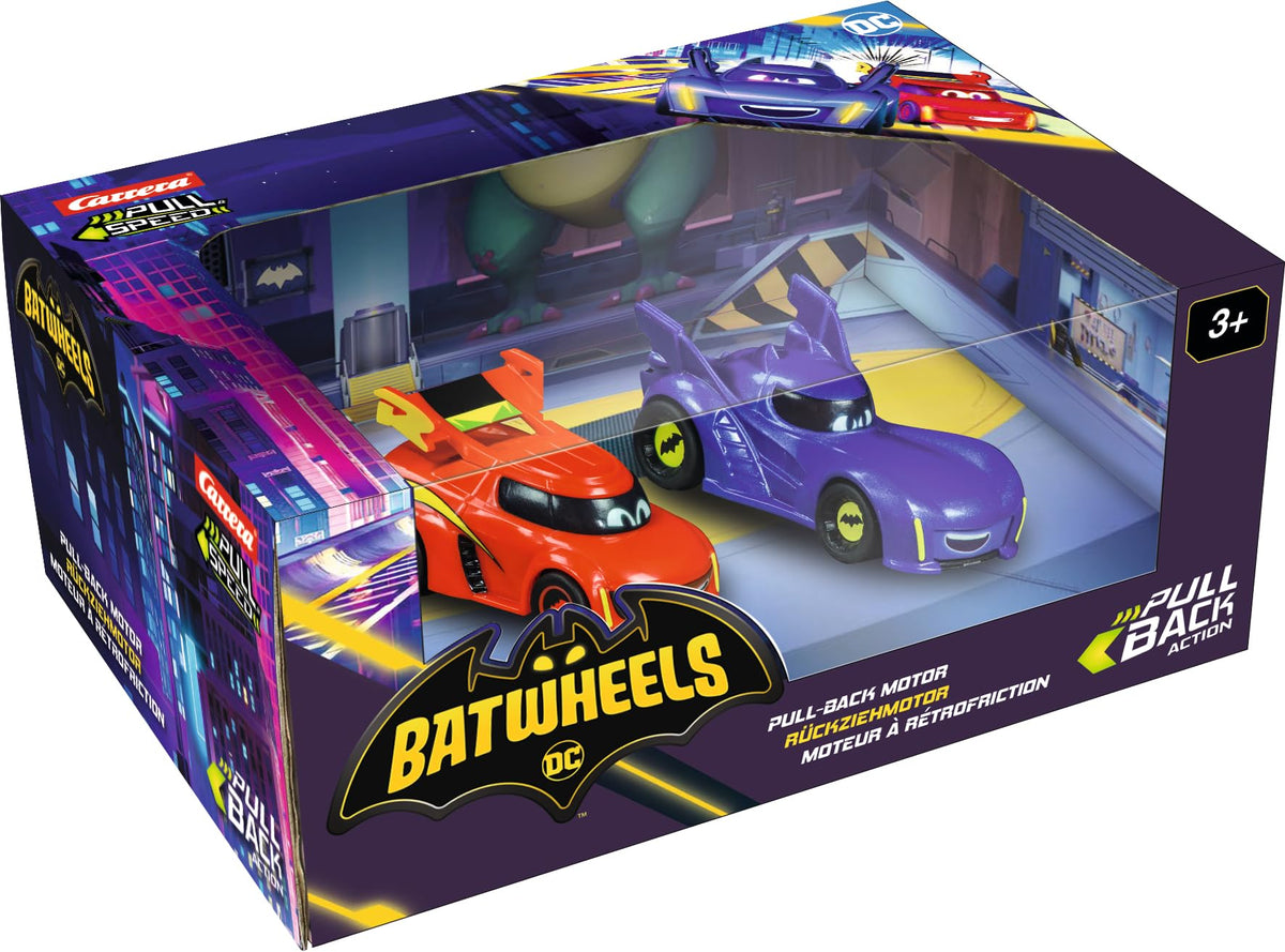 Carrera Pull & Speed packaging highlights Batwheels licensing and gift-ready presentation.