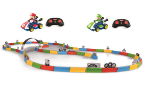 Carrera RC table-top track pieces arranged for customizable racing layouts