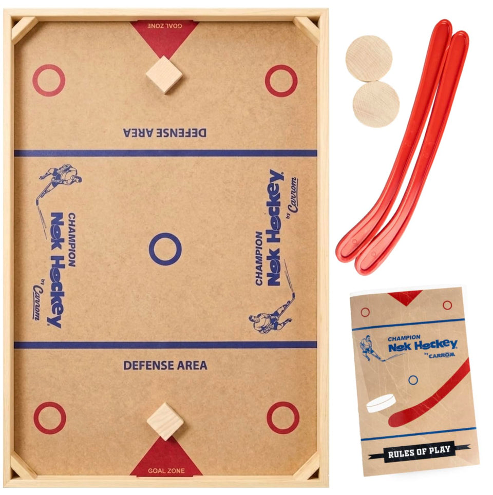Carrom Champion Nok Hockey Game board setup with sticks and pucks ready for family play