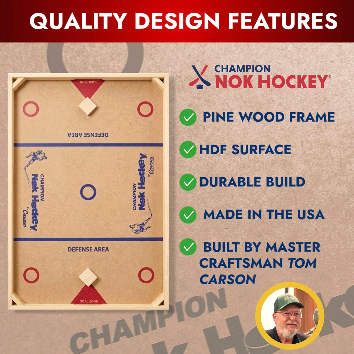 Carrom Champion Nok Hockey Game durable wooden frame supports fast-paced action