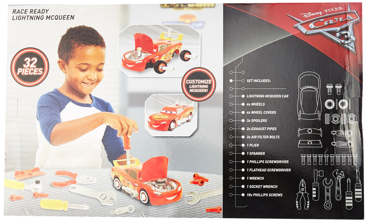 Cars 3 Transforming McQueen Tool Kit race-ready Lightning McQueen vehicle on display.