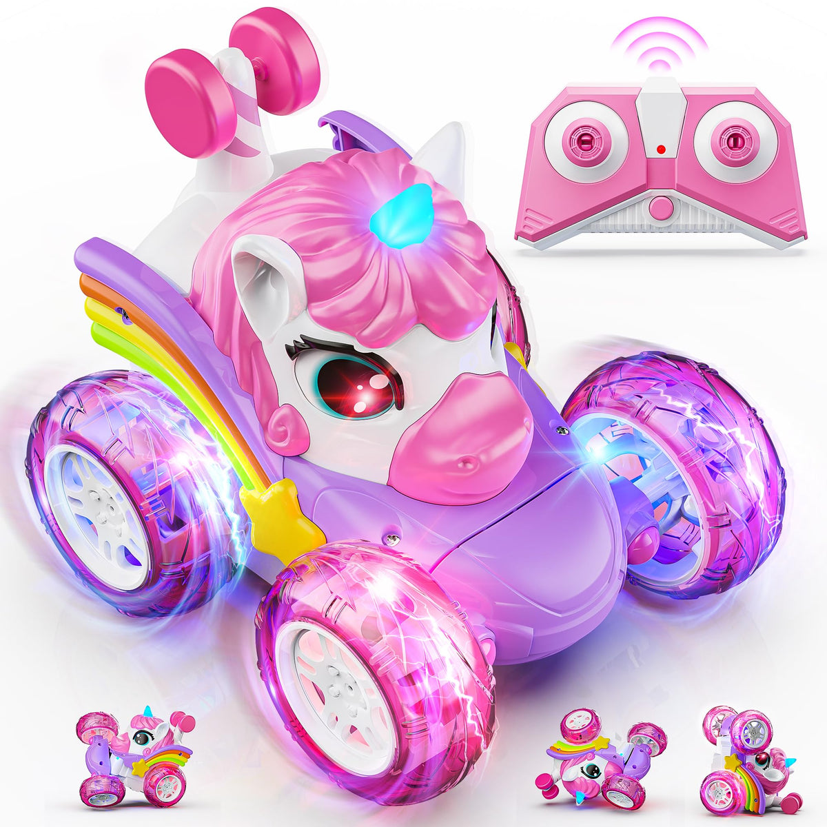 Carsky unicorn RC car front view with LED headlights for kids' play