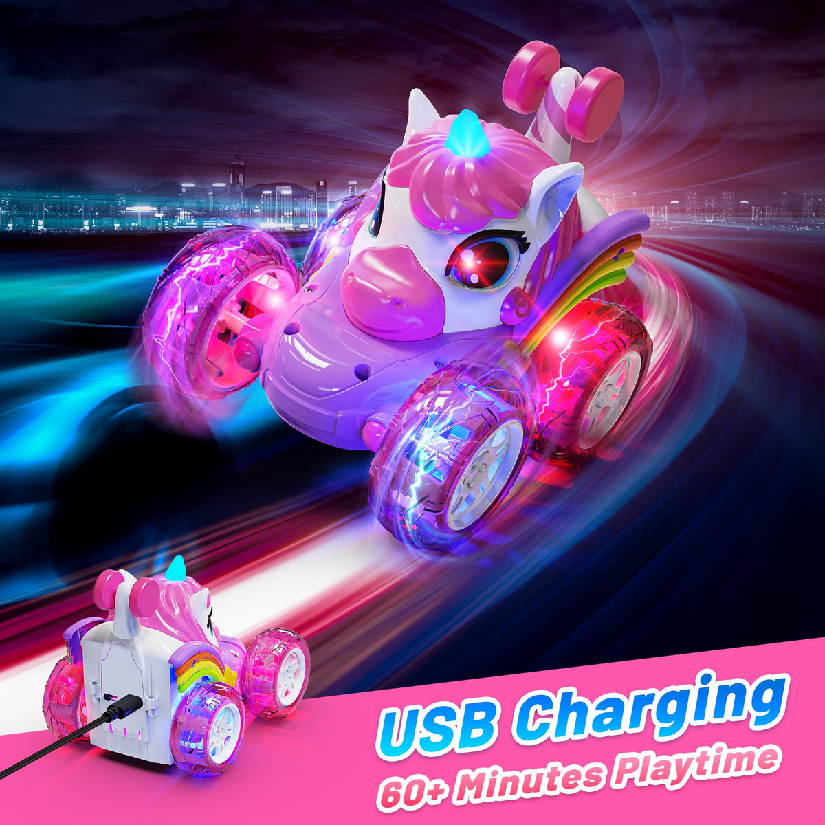 Carsky unicorn RC car with LED headlights in action indoors