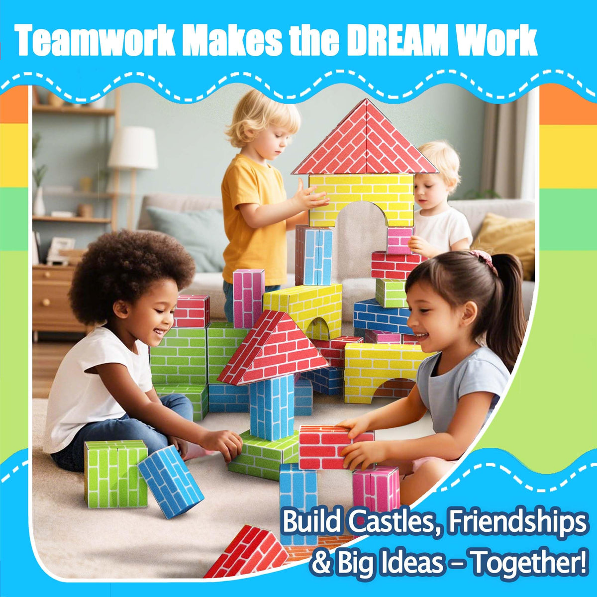 Cartboatoy family playtime with large blocks promotes cooperative building.
