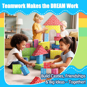 Cartboatoy family playtime with large blocks promotes cooperative building.