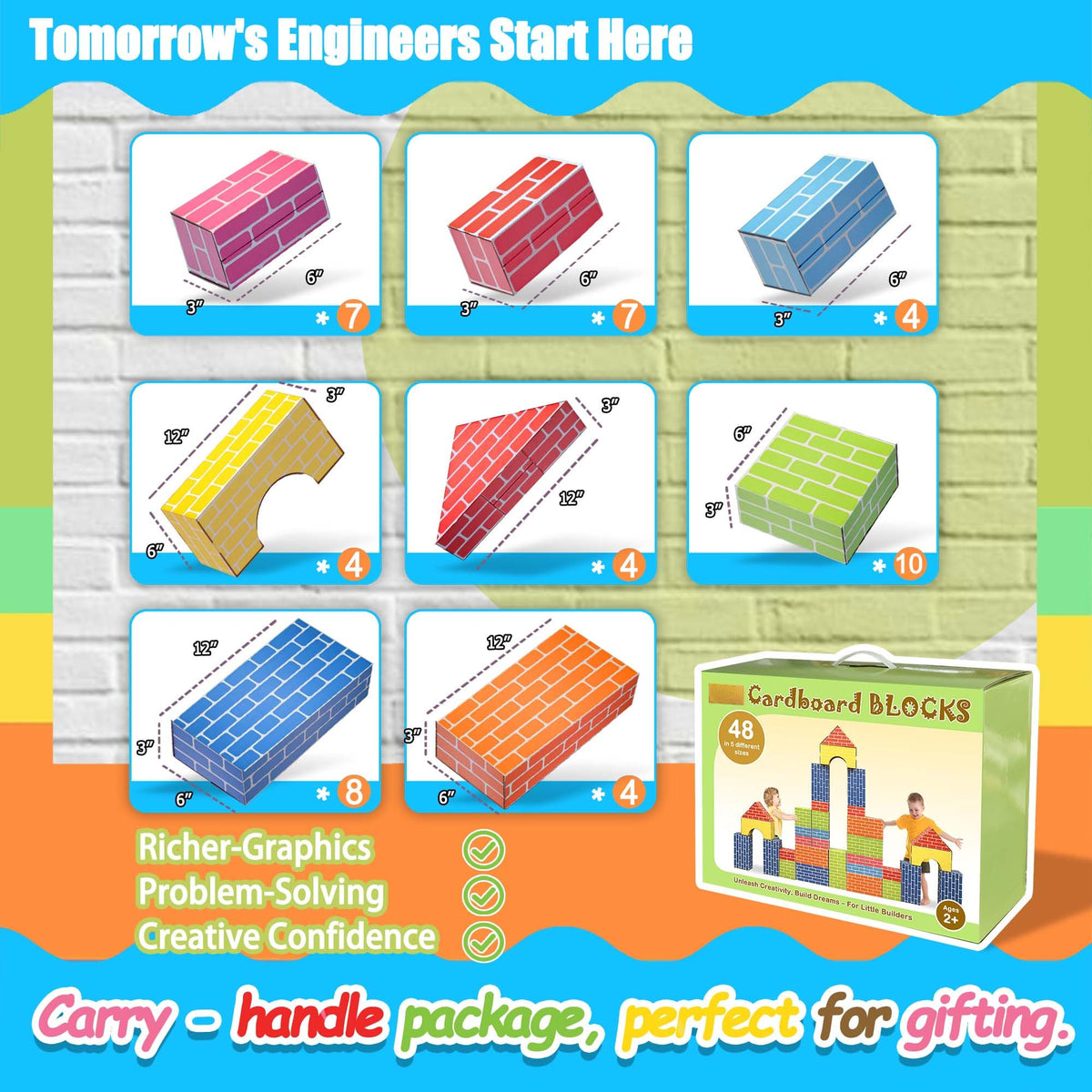 Cartboatoy kids building a tower with large blocks to develop spatial awareness.