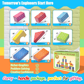Cartboatoy kids building a tower with large blocks to develop spatial awareness.