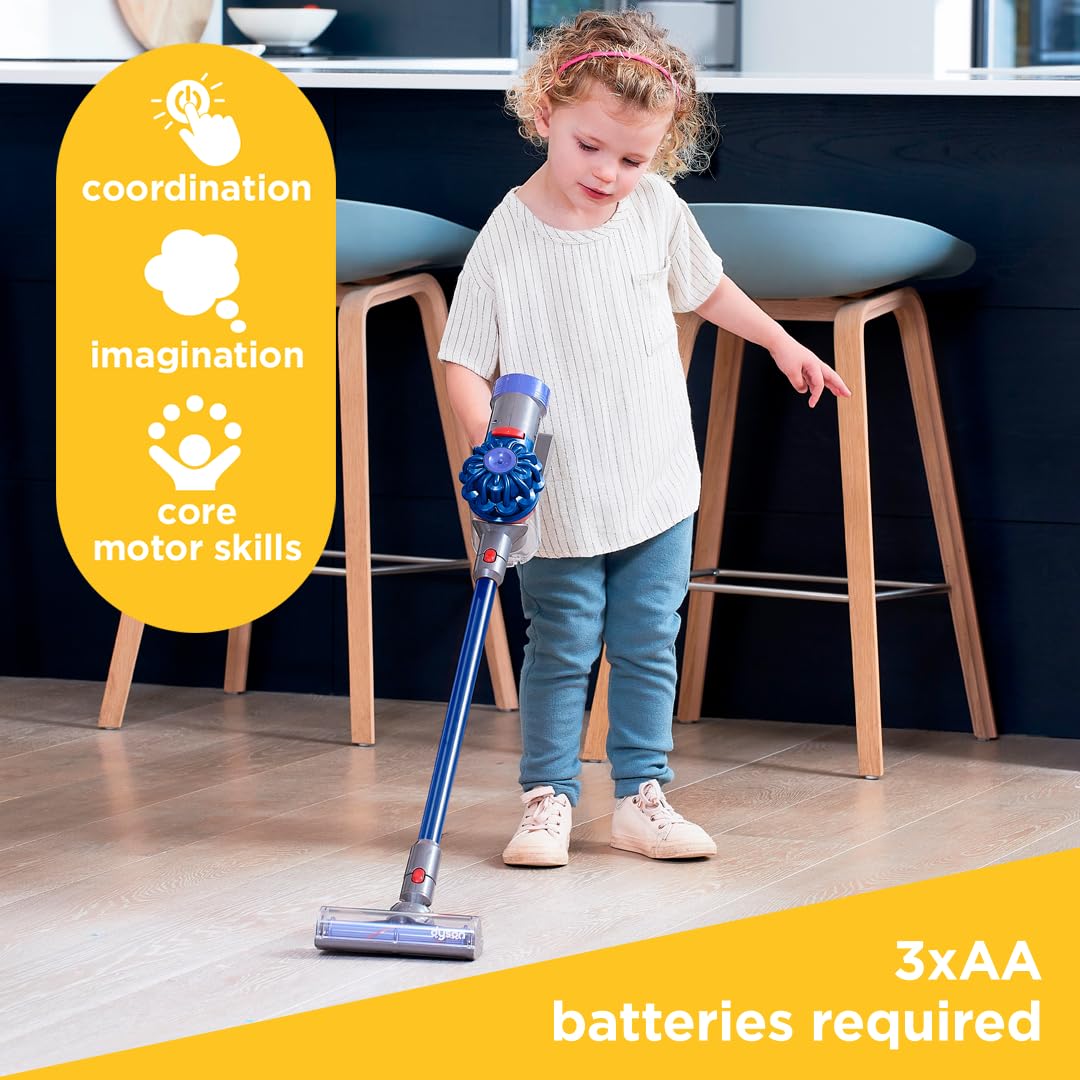Casdon Dyson cordless vacuum blue debris tray adds realistic cleanup practice for kids