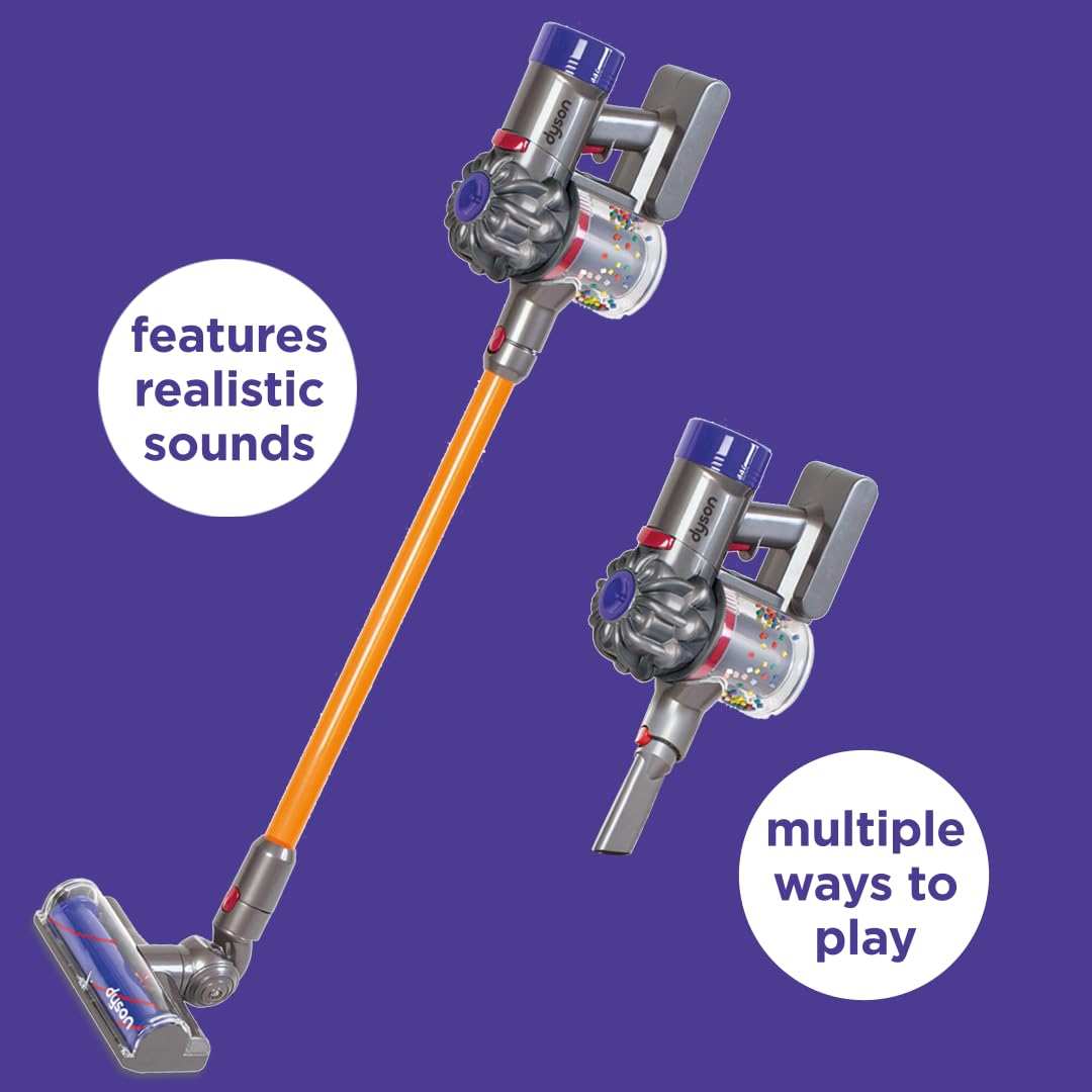 Casdon Dyson toy vacuum with long handle for twist and turn cleaning.