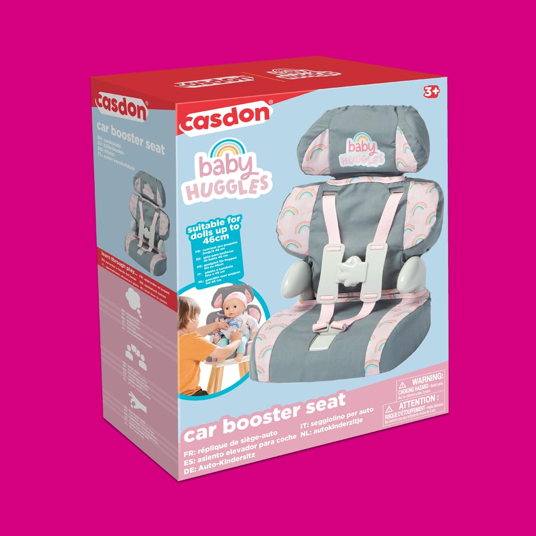 Casdon grey car booster seat in pink and rainbow color options for themed play