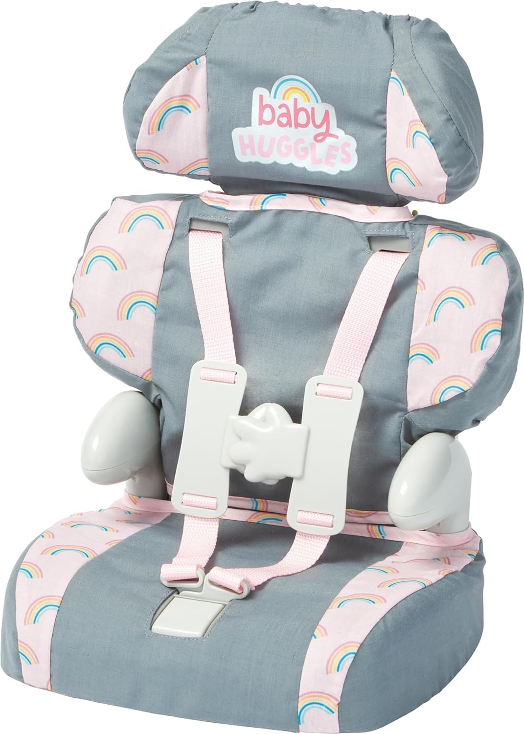 Casdon grey car booster seat harness close up showing secure three point harness for dolly safety