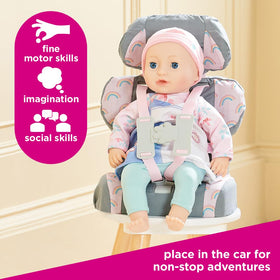 Casdon grey booster seat in car ready for on the go pretend play