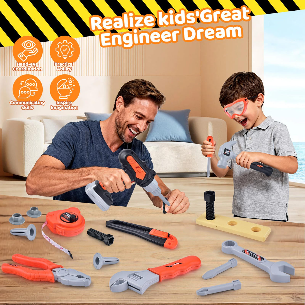 Casrra Kids Tool Set tape measure teaches basic measurement during play.