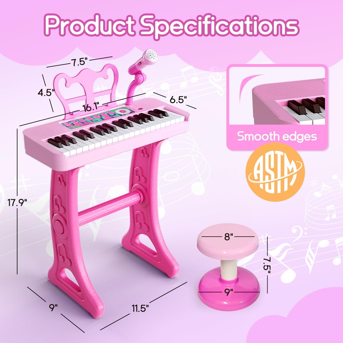 CASRRA easy-assembly pink piano setup image shows quick assembly.