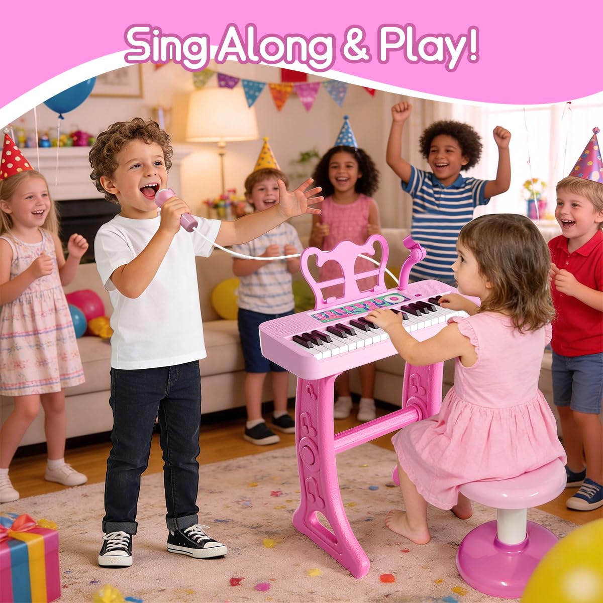 CASRRA piano toy with stand and stool offers comfortable seating.