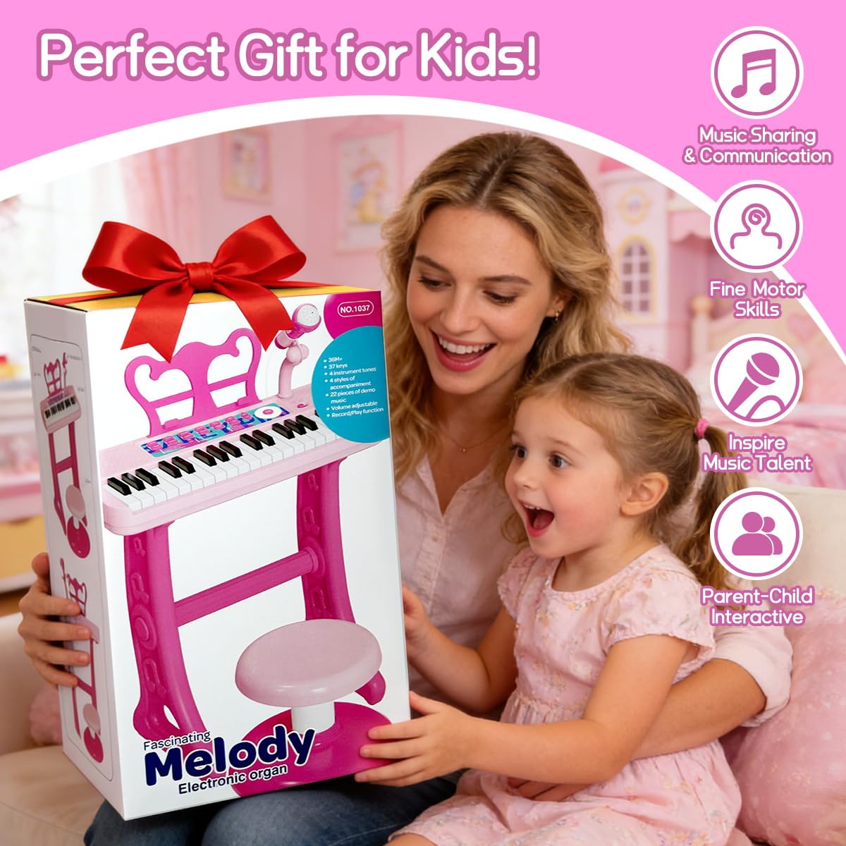 CASRRA pink toddler piano stand shows easy setup for quick playtime.