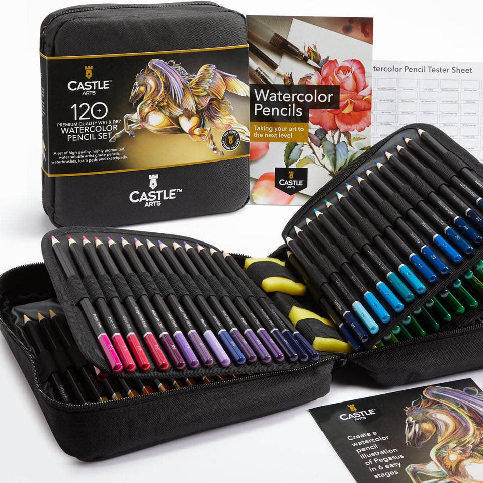 Castle Art Supplies watercolor pencils set in an open case, ready for travel sketching.