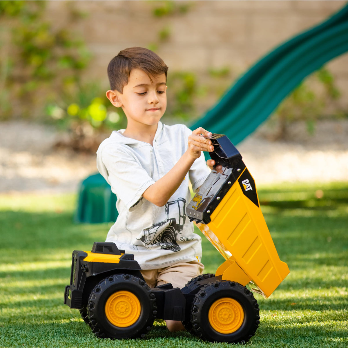 CAT Mighty Steel Dump Truck 20-inch chassis shot communicates high-quality materials.