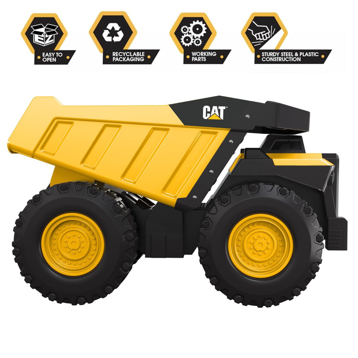 CAT Mighty Steel Dump Truck 20-inch front angle highlights large wheels for rough terrain fun.