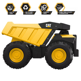 CAT Mighty Steel Dump Truck 20-inch front angle highlights large wheels for rough terrain fun.