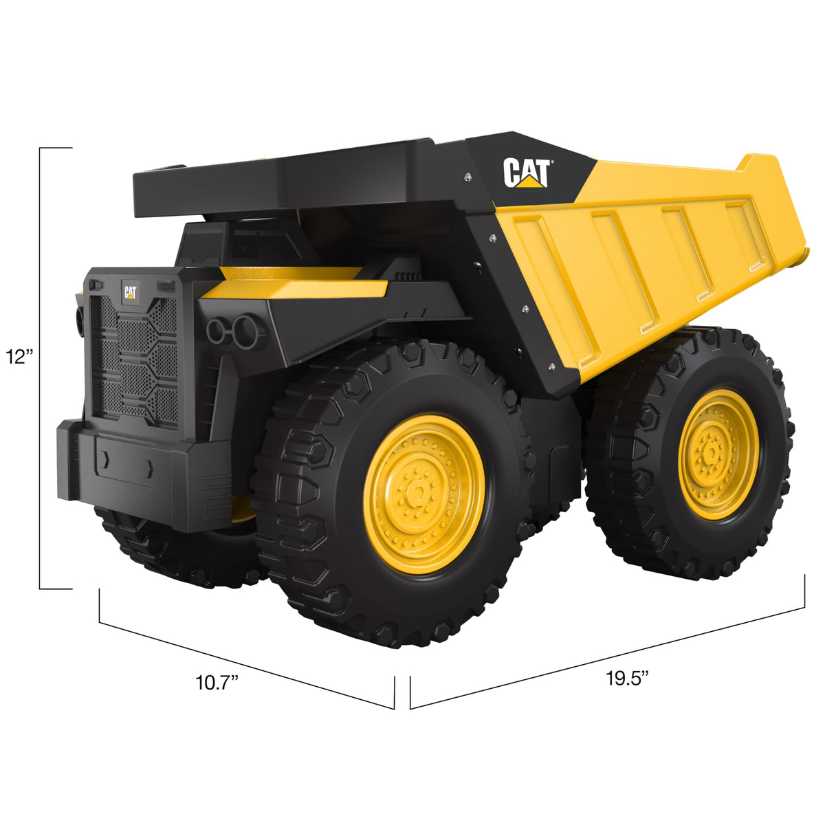 CAT Mighty Steel Dump Truck 20-inch wheels close-up emphasizes sturdy tires for outdoor adventures.