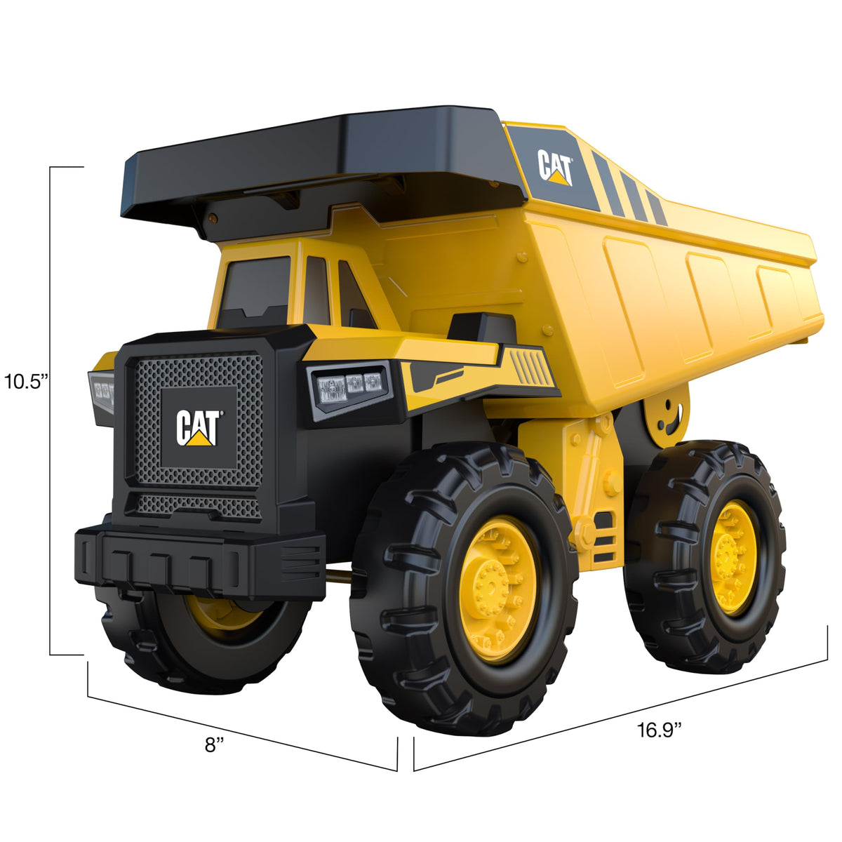 CAT construction vehicle with oversized all-terrain wheels for easy outdoor rolling.