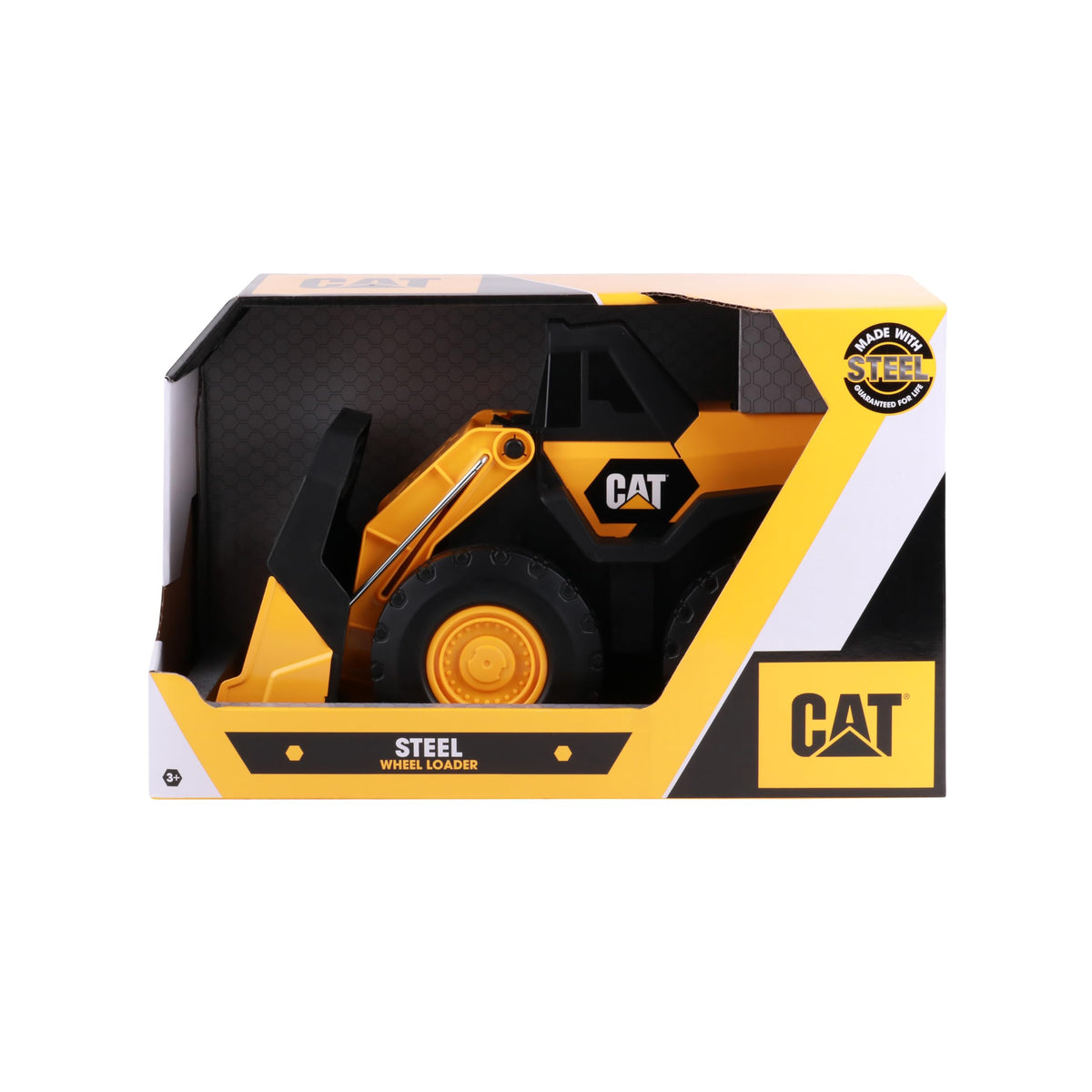 CAT Real Steel Max Wheel Loader bucket ready for scooping sand, gravel, or blocks during pretend jobs.