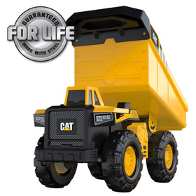CAT steel dump truck with working dump bed for realistic unloading play.
