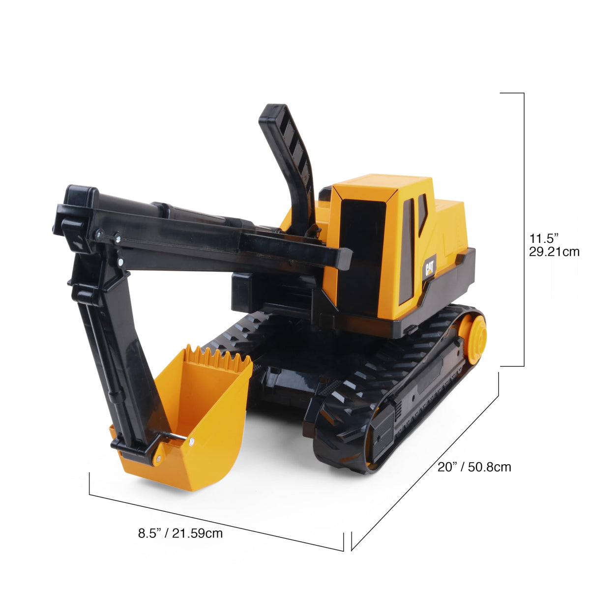 Durable steel construction of CAT excavator withstands active play.
