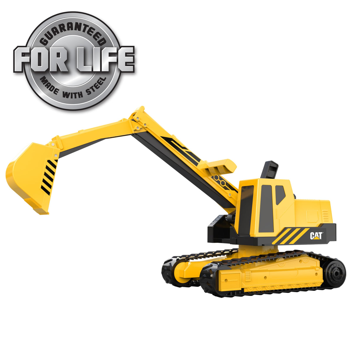 Ergonomic handles on CAT excavator enable easy arm and bucket control.