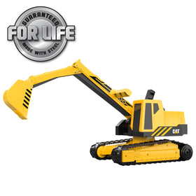 Ergonomic handles on CAT excavator enable easy arm and bucket control.