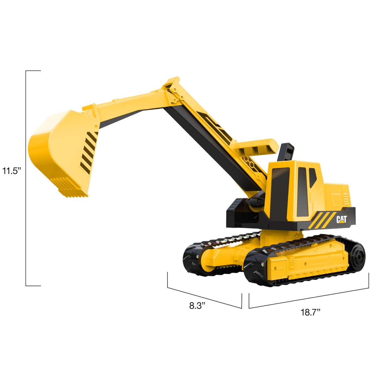 CAT excavator hauls dirt in a pretend construction scene.
