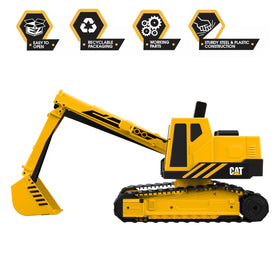 CAT excavator with working treads demonstrates authentic movement on surfaces.