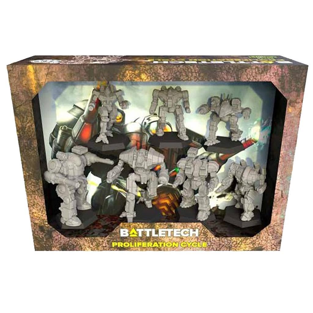Catalyst Game Labs BattleTech Proliferation Cycle Pack box front with seven ready-to-play BattleMechs.