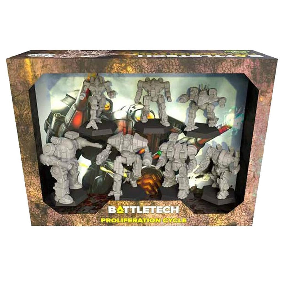 Catalyst Game Labs BattleTech Proliferation Cycle Pack box front with seven ready-to-play BattleMechs.