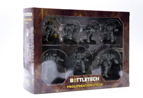Catalyst Game Labs BattleTech Proliferation Cycle miniatures close-up show detailed, fully assembled mechs ready for tabletop battles.